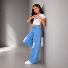 Calça Mom Wide Leg Jeans Juvenil Feminina 100% Algodão Pantalona Ganga Brim