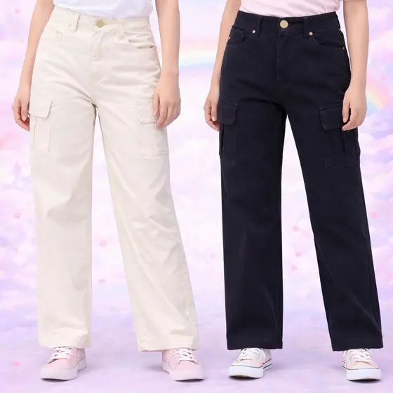 Calça wide leg jeans sarja cargo bolsos laterais infantil juvenil menina 10 ao 16 anos