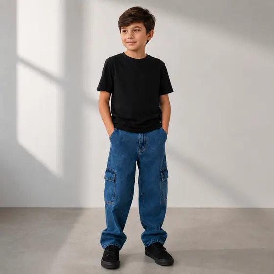 Calça jeans cargo menino masculino infantil e juvenil regulador interno