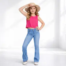 Calça jeans flare juvenil menina elastano premium com bolso