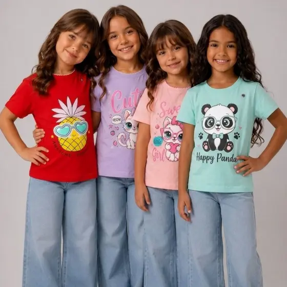 Kit Camiseta Feminina Infantil Estampada 100% algodão Blusa Premium