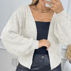 Casaco Curto Feminino Tricot Mousse Premium Casqueto de Lã Moda Inverno Elegante Manga Bufante
