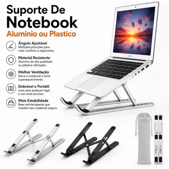 Suporte de notebook: 10 alturas, ergonômico, dobrável e antiderrapante. Com case grátis!