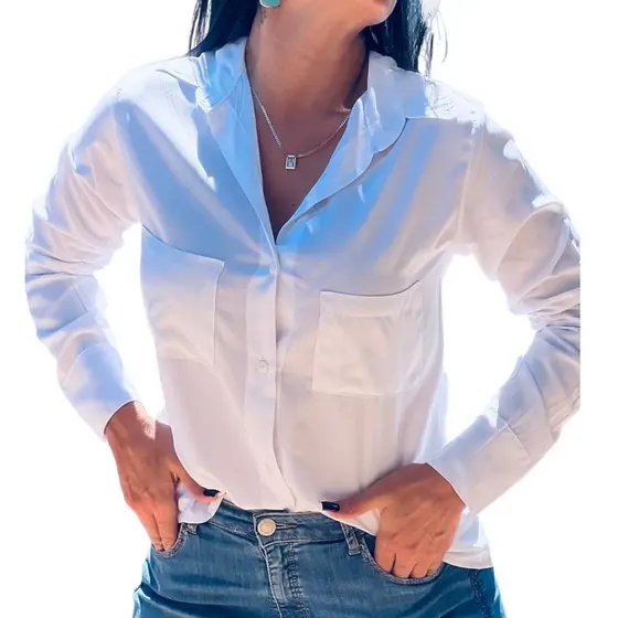 Camisa Social Feminina Blusa Manga longa Estilosa Casual Confortavel Com Bolsos