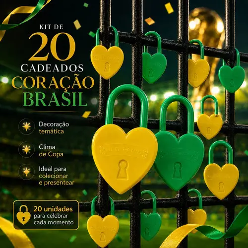 Kit 20 Cadeados Coração Brasil Verde Amarelo Torcida Copa Decoração Lembrancinha Festa