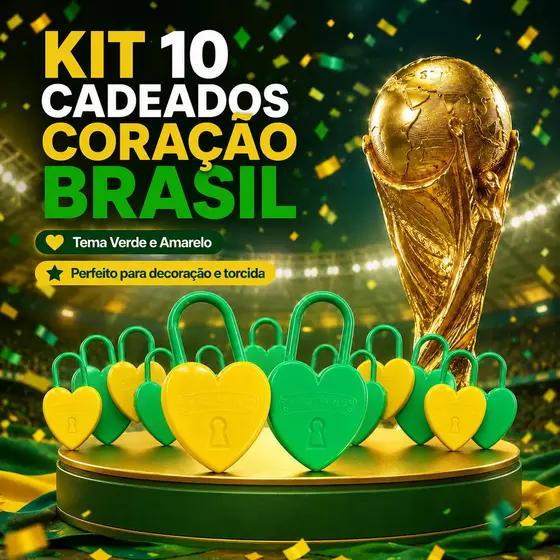 Kit 10 Cadeados Coração Brasil Verde Amarelo Torcida Copa Decoração Lembrancinha Festa