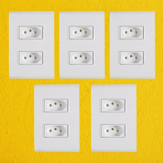 Kit 5 Conjunto Placa 2 Tomada Tramontina Linha Liz Branco 10A 250V Casa Escritório Construção Iluminação