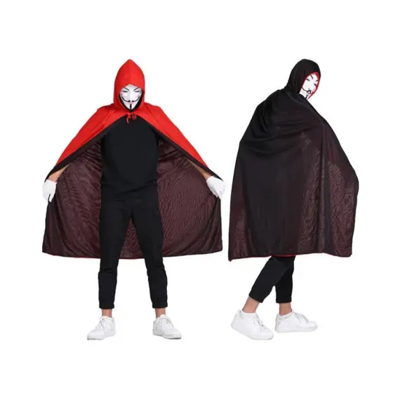 Capa Fantasia Preta e Vermelha Com Touca Infantil Adulto Vampiro Drácula Zorro Dupla Face Halloween Cosplay Festa