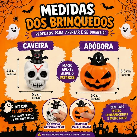 KIT Com 12 Brinquedo Decoração Halloween De Apertar C/ Susto Caveira Abobora Festa Lembrancinha