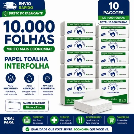 Papel Toalha Interfolha 10.000 Folhas 20x21cm Alto Rendimento Alta Absorção Econômico Profissional3