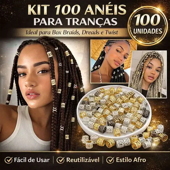 Kit 100 Anéis de Alumínio para Tranças Box Braids Hair Rings Cuffs Dourado e Prata