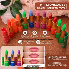 Kit 6 ou 12 Batons Mágicos 24h Retro - Batom da Vovó Batom Verde que Muda de Cor com PH - Não Sai na Água