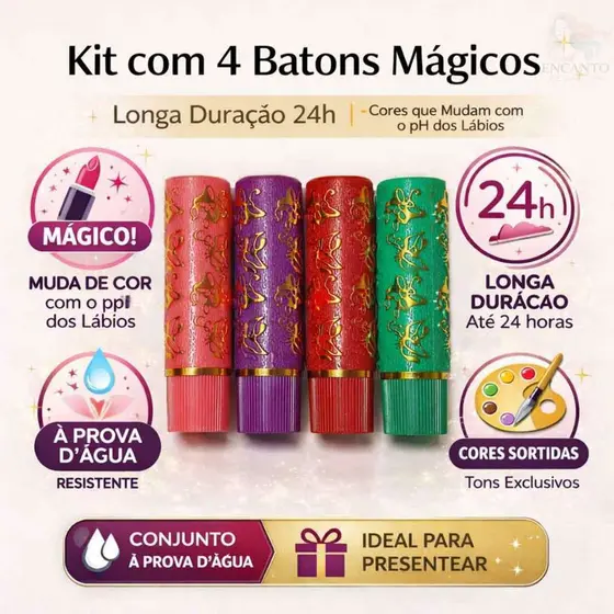 Kit com 4 Batons Mágicos | Longa Duração 24h, Cores que Mudam com o PH dos Lábios à prova d'água