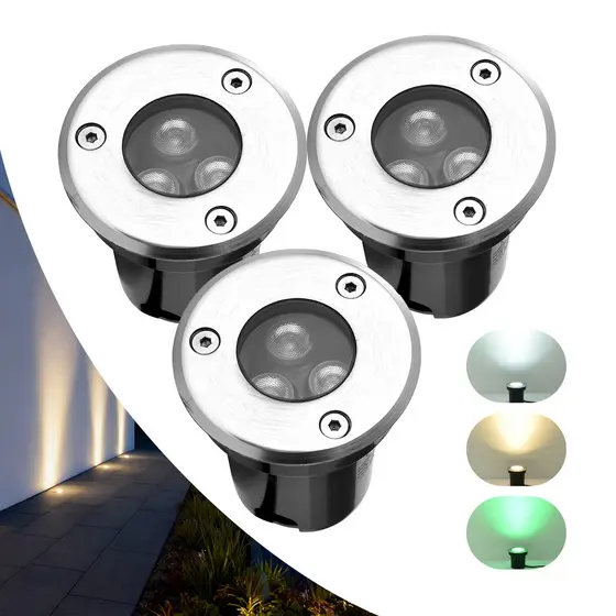 Kit 3 a 12 Balizador Spot Led 3W Embutir Chao Piso Jardim Prova Dagua Cúpula Cinza Estrutura 3cores