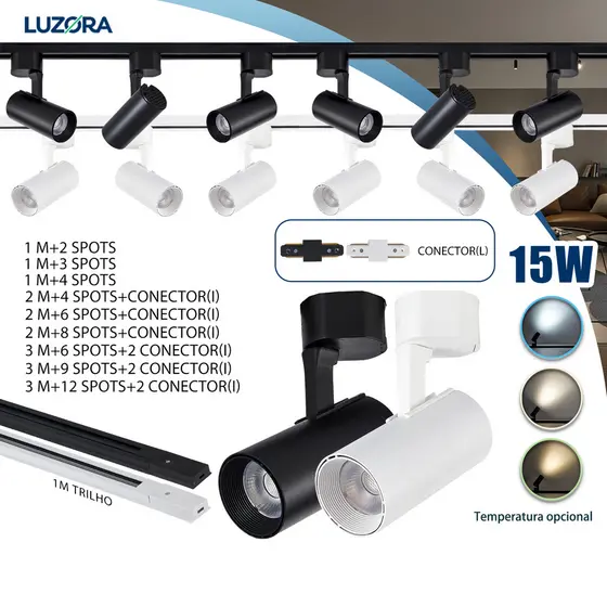 Kits Trilho Spot LED para trilho eletrificado Interno Econômico Luz Comercial ou Ambiente 15W Bivolt