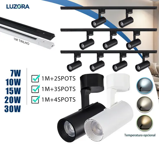 Kit Trilho Spots LED Preto e Branca 7W/10W/15W/20W/30W Interno Econômico Luz Focada e Moderna Bivolt