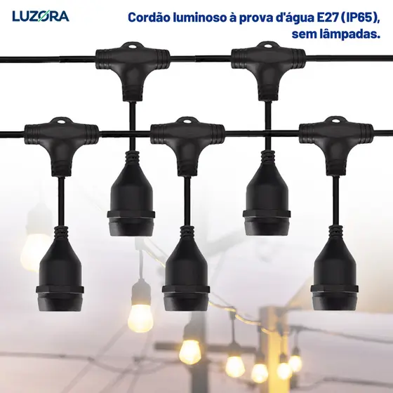 Varal de Luzes 5 metros de Iluminação 10 Soquetes E27 Area Externa Gambiarra Casamento Jardim Bivolt