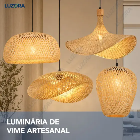 Luminária Pendente de Rattan Bambu Lustre Artesanal Decoração Boho Sala Quarto Varanda Casa