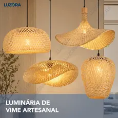 Luminária Pendente de Rattan Bambu Lustre Artesanal Decoração Boho Sala Quarto Varanda Casa