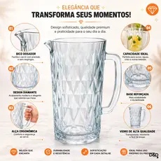 Jarra de Vidro Diamond 1,2L Transparente Elegante para Suco Água Mesa Posta Resistente Elegante