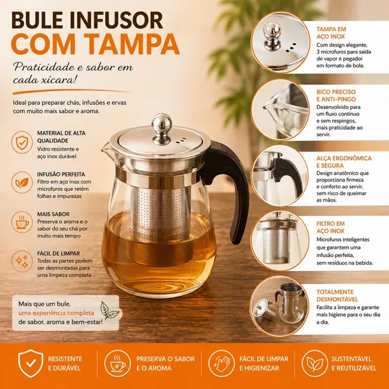 Chaleira de Chá Vidro 500ml com Infusor Bule Transparente Chá Ervas e Café Premium Super Resistente.