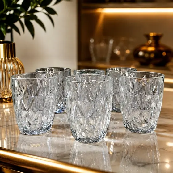 Jogo 6 Copos Diamante Vidro 300Ml Cristal Elegante Relevo Geométrico Drinks