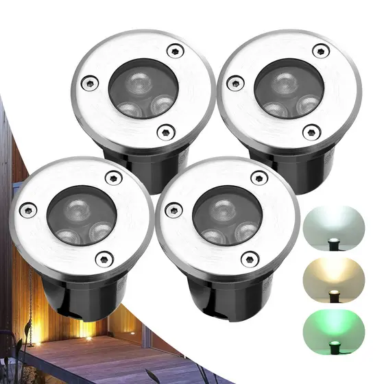 Kit 1 a 4 Balizador Spot Led 3W Embutir Chao Piso Jardim Prova Dagua Luz Enterrada três cores