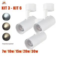 Kits Spot LED Trilho Direcionável Luz Quente/ Fria/ natural 3 a 5 Un Preto / Branco 7W a 30W Bivolt