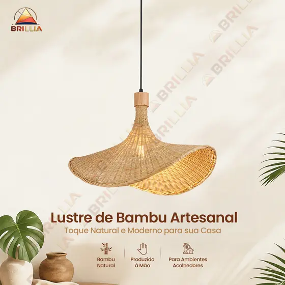 Luminária de Teto Rattan Natural Bambu Artesanal Decoração Boho Sala Quarto Varanda Gourmet E27