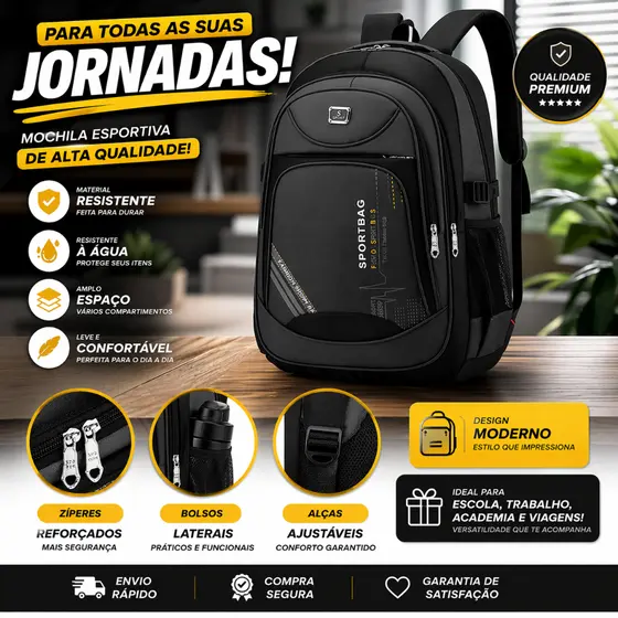 Mochila Masculina Impermeável Grande Reforçada para Notebook Escolar Faculdade Trabalho Viagem