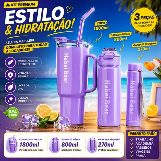 Kit Garrafa + Copo 3 em 1 1800ml 800ml 270ml Com Canudo Academia Praia Viagem BPA Free