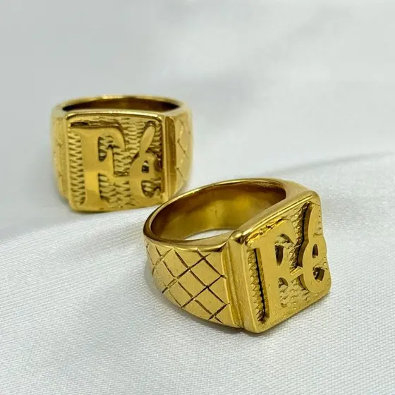 Anel Masculino Fé em Aço Maciço – Dedeira Quadrada Banhada a Ouro 18K