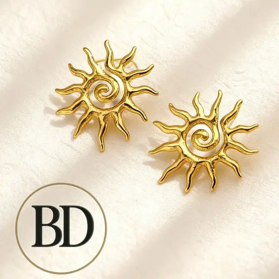 Brincos Femininos Dourados Sol – Design Elegante, Artístico e com Brilho Luxuoso