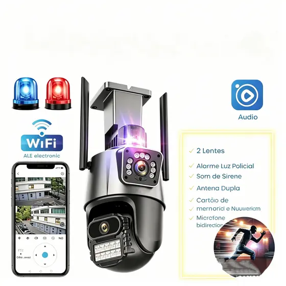 Câmera IP P11 6MP 4K de Lente Dupla PTZ com Sirene e Wi-Fi;Câmera Wi-fi 4k 6mp Tela Dupla Visão Noturna Luz Polícial