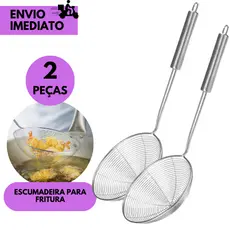 kits 2 ou 1 Fritadeira Escumadeira Inox com Cabo Longo Cozinha Profissional p/ Frituras de Pastel