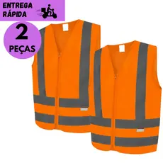Kits 2 ou 1 Colete Refletivo EPI Tipo Blusão Com Zíper Sem Bolso Segurança Laranja