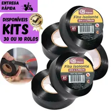 Kits  30 ou 10 Rolos Fita Isolante Preta 5 Metros x 1.7cm Qualidade Uso Elétrico Resistência Durável