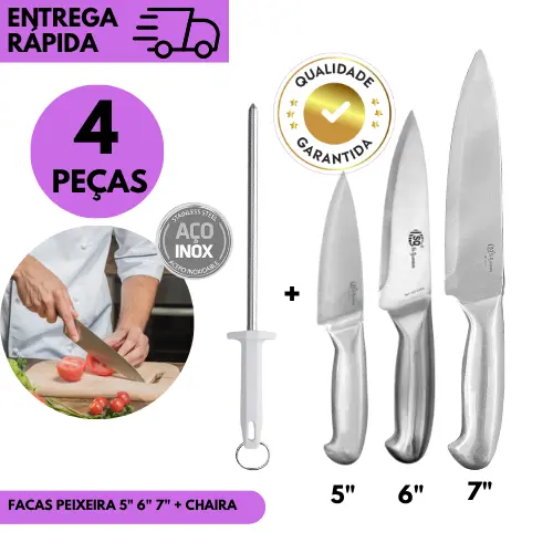 Kits 4 Peças Facas Peixeira Inox 5 6 7 Polegadas + Chaira Afiador Profissional Cozinha Churrascaria