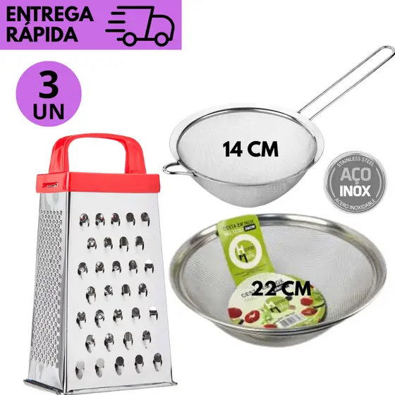 Kit 3 Inox Utensílios Peneira 14 CM , Ralador de Queijo e Legumes e Cesta Multiuso 22cm