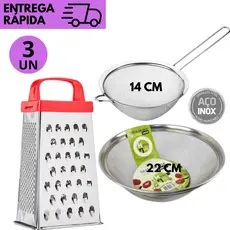 Kit 3 Inox Utensílios Peneira 14 CM , Ralador de Queijo e Legumes e Cesta Multiuso 22cm