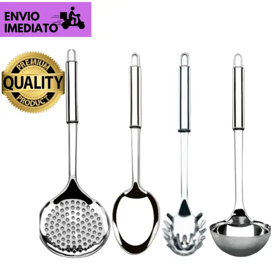 Kits 4/2 ou 1 Escumadeira, Concha, Colher de Arroz e Pegador de Massa Utensílios de Cozinha Inox