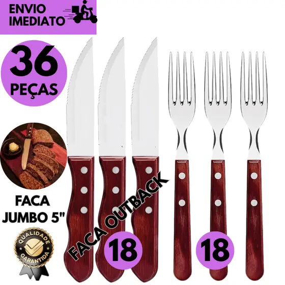 Kits 36/24/16 ou 10 Peças p/ Churrasco Facas Inox Cabo de Madeira Jumbo + Garfos Cabo de Madeira Nat