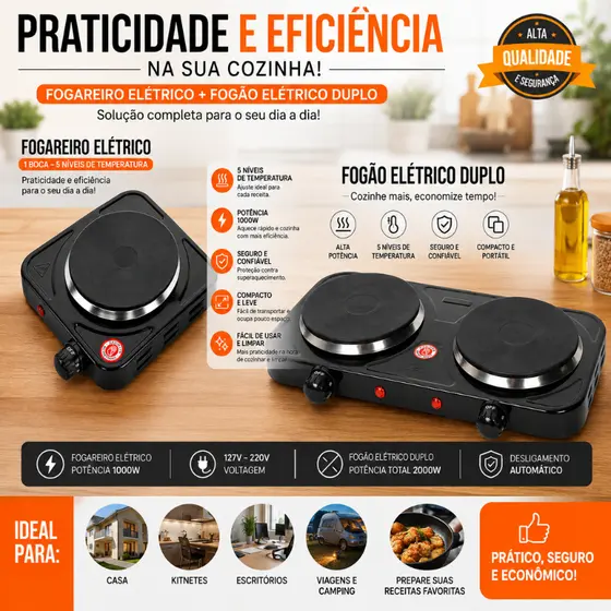 Fogão Elétrico Portátil 1 ou 2 Bocas 1000W/2000W 5 Níveis de Temperatura