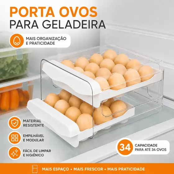 Porta Ovos Acrílico Capacidade 34 Ovos Organizador Gaveteiro Dupla Capacidade Geladeira