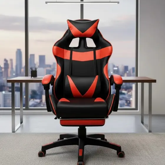 Cadeira Gamer Ergonômica em Couro, com Rotação de 360°, Apoio para os Pés e Rodas Móveis