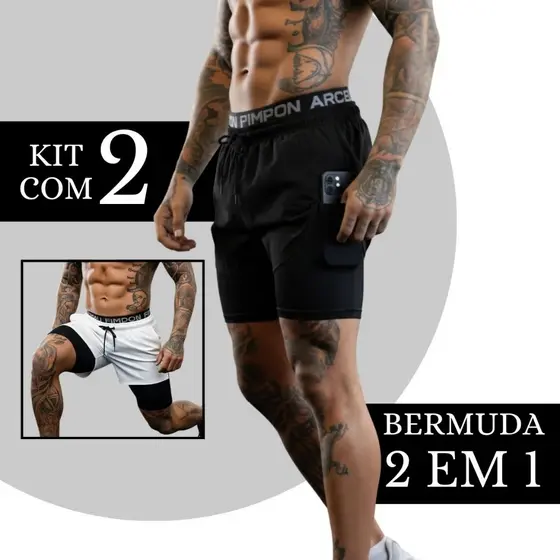 Kit 2 Shorts Bermuda Masculina 2 em 1 Ideal Para Academia Corrida e Crossfit Treino Veste Bem De Fábrica