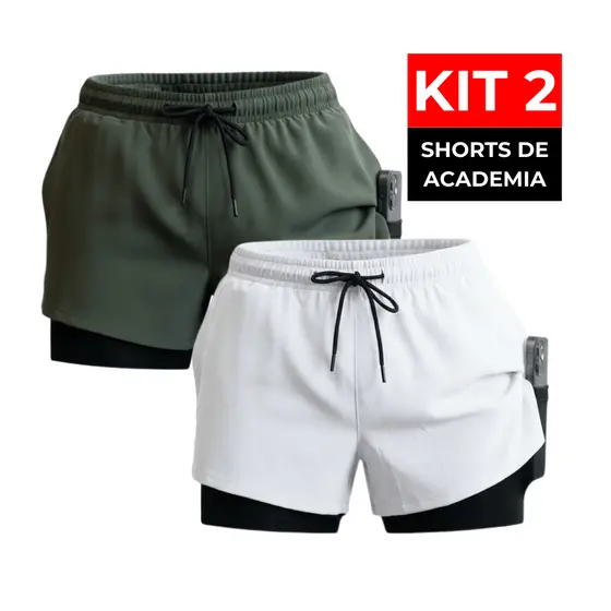 Kit Shorts 2 em 1 Bermuda Academia Forro de Compressão Porta Celular Dry Fit Treino Corrida Esporte