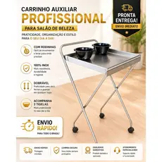 Carrinho Auxiliar 100% Inox Com Rodinhas Dobrável + 2 Potes.