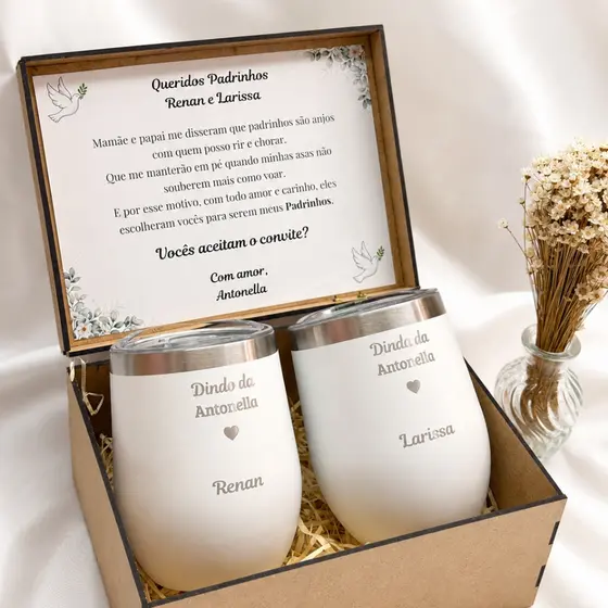 Kit Convite para Padrinhos com Copos Térmicos e Caixa MDF