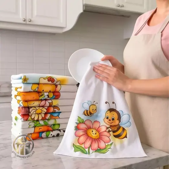 Kit com 15 Pano de Prato com Bainha 100% Algodão Estampas Diversas